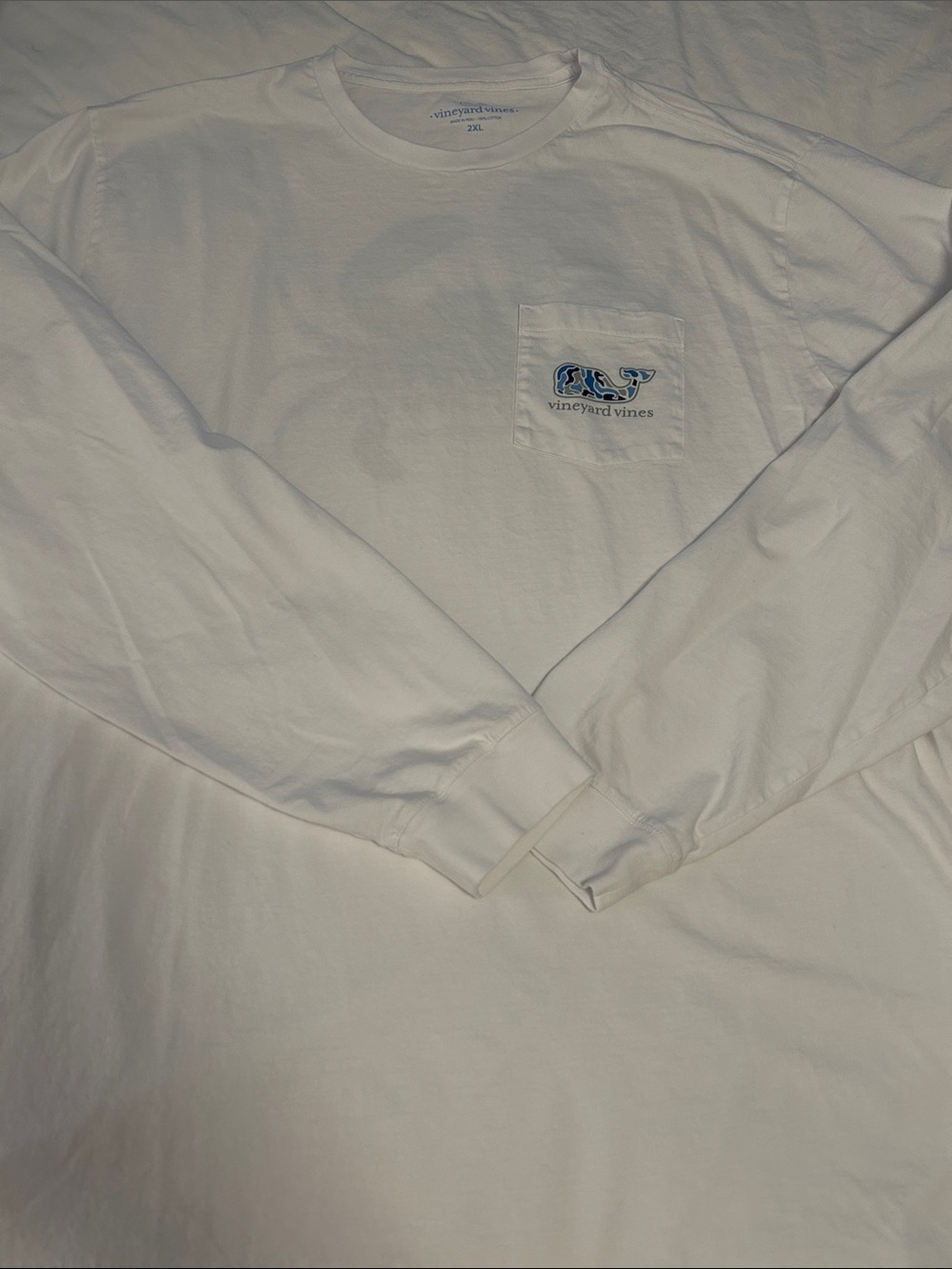 Vineyard Vines White Long-Sleeve Pocket Tee with Blue Whale Accent